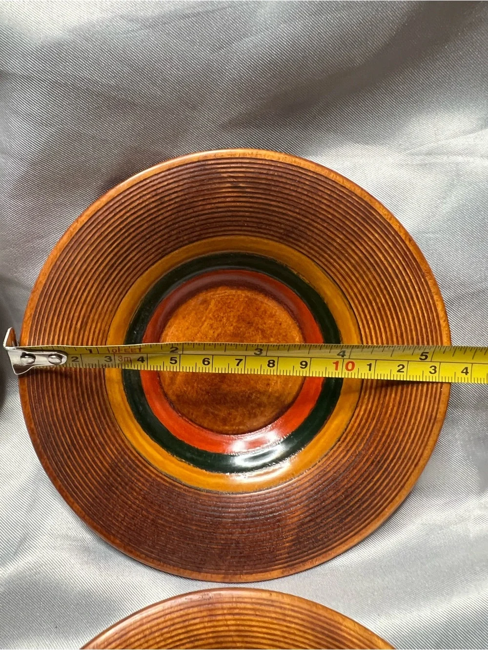 Japanese Hand-Turned Wooden Plates in Brown with Green & Red Inlay - Set of 9